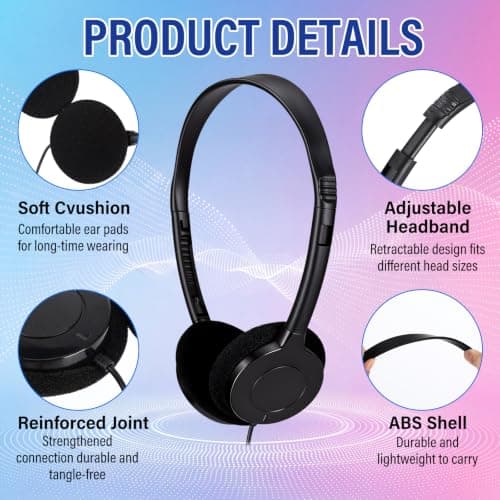 Konohan 10 Pack Bulk Wired On-Ear Headphones with 3.5mm Jack Adjustable Lightweight Individually Wrapped Headphones for Students Classroom School Library Office Travel (Black) — view 3