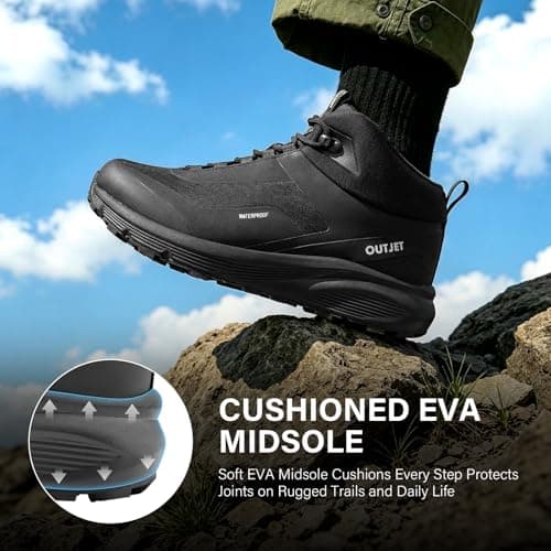OUTJET Men's Waterproof Hiking Boots Lightweight Comfortable Breathable Outdoor Walking Trekking Boots Black — view 6