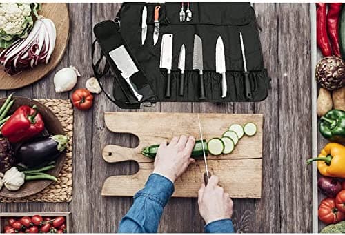 YWYHHM Chef Knife Roll Bag, 17 Slots Chef Knife Bag, Knife Case for Kitchen Camping Knife, Heavy Duty Utility Knife Storage Tote with Shoulder Strap, Tool Gifts Gadgets for Men — view 6