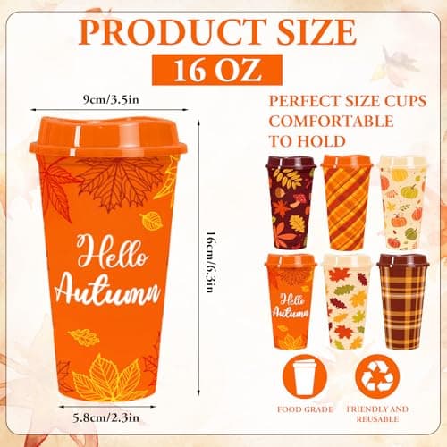 Whaline 12 Pcs 16 Oz Fall Reusable Coffee Cups with Lids Plastic Tumbler Autumn Pumpkin Plaid Maple Leaves Coffee Travel Mug for Harvest Thanksgiving Party Supplies Hot Cold Drinks — view 2