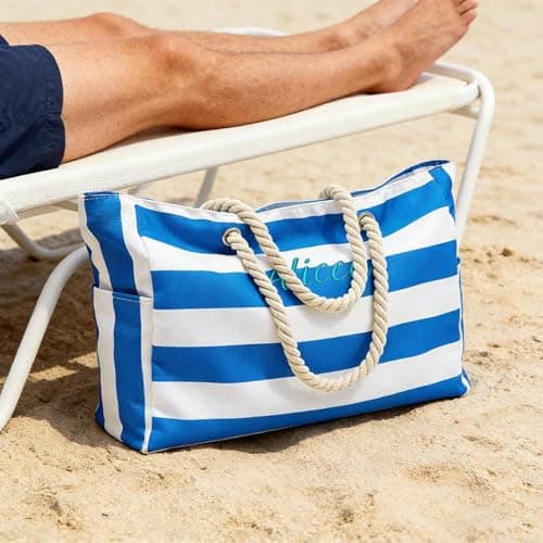 Custom Beach Bag, Personalised with Name Embroidered – Summer Beach Bags for Women, Large Capacity Striped Travel Storage – Holiday Gift for Her Mum Vacation Trip (Turquoise) — view 4