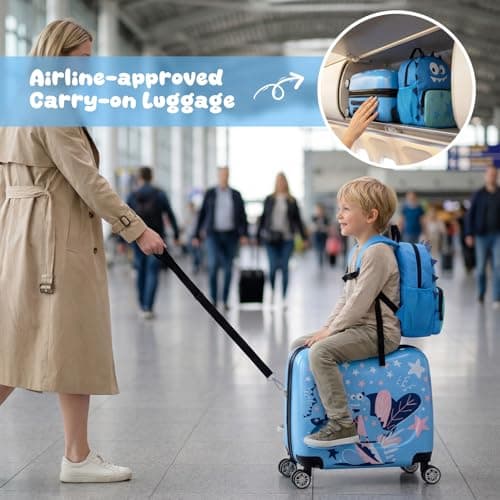 COSTWAY 2PCS Kids Luggage Set, Children Backpack and Ride-on Suitcase with Footrest, Anti-Lose Rope, Travel School Trolley Hardshell Case for Boys Girls (Dinosaur, 28cm Backpack + 33cm Suitcase) — view 6