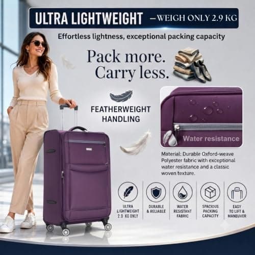 DK Luggage Ultra Lightweight Only 2.9kg Medium 24 Inch Soft Shell Suitcase, 4 Wheel Spinner, Checked Luggage, 15kg–20kg Capacity, Expandable Travel Case (WLS Purple, Medium) — view 3