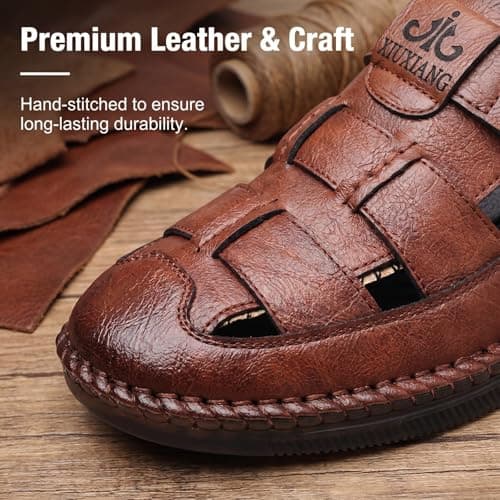 Hixingo Men's Sandals Closed Toe Wide Fit Size 7-12 Leather Sandals for Men Summer Beach Slippers Lightweight Adjustable Strap Non-Slip Sole for Walking Holiday Pool (Brown,10.5) — view 6