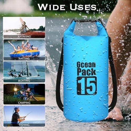 MORAINJAY 15L Sky Blue Dry Bag,Waterproof Bag with Double Adjustable Shoulder Strap,Middle Capacity Dry Sack 2L 5L 10L 15L 20L 30L for Outdoor Camping,Rafting,Swimming,Boating,Surfing — view 4