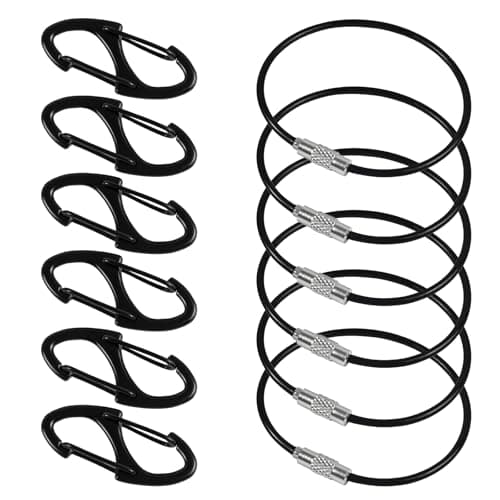 12 Pcs Combination Key Carabiner Set: 6 Double-Sided Mini S Carabiners + 6 Stainless Steel Wire Keychains, Anti-Theft Zipper Lock Puller for Luggage Suitcase Backpacks Purses Handbags Tents Keys