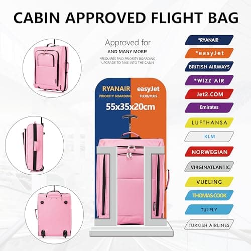 55x40x20 Ryanair Cabin Bag Hand Luggage Lightweight Suitcase Approved Carry on Luggage 1.4kg 44L Fits Pink — view 5