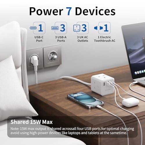 UK to European Plug Adapter with 1.5M Extension Cable, Aodeng 4 Way Travel Extension Lead with 4 USB(PD 20W) Compact Type E/F Travel Adapter for Germany France Spain Poland Greece Netherlands etc. — view 2