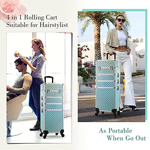 Joligrace 4-in-1 Tall Vanity Case Rolling Box Makeup Box Hairdressing Trolley on Wheels Beauty Trolley on Wheels Professional Makeup Organiser Storage Nail Technician case with Locks (Mint Green) — view 2