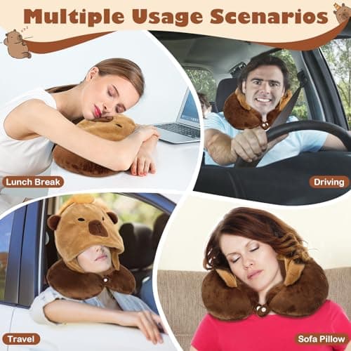 Capybara U-Shaped Travel Pillow with Hood - Plush Neck & Chin Support Headrest, Soft Animal Pillow for Airplane, Train, Car, Office Sleep — view 6