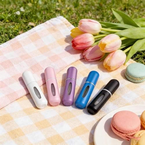 JITFLG 5 Pack 5ml Travel Perfume Bottle, Refillable Metal Atomiser with Bottom-Fill, Leakproof Fragrance Spray for Gym Airplane, Matte Aluminum in Pink Black Blue Silver Purple — view 3
