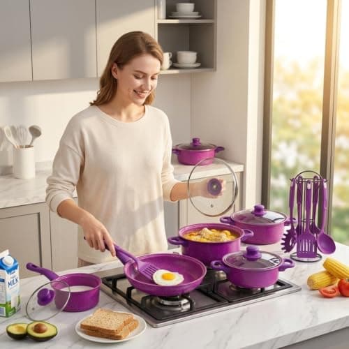 13-Piece Purple Nonstick Cookware Set, Non Stick Pots Pans Frying Pan Saucepans Milk Pot Utensils — view 5