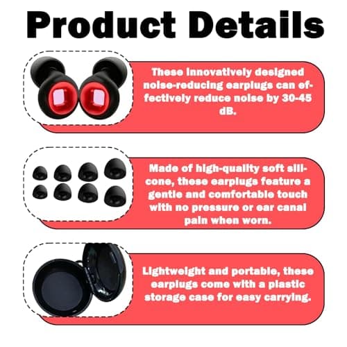 Noise Reduction Earplugs 33db, 2 Pcs Motorcycle Ear Plugs, Wind Noise Motorbike Earplugs for Sleeping,Concerts,Motorcycle,Focus Work & Travel – Includes 3 Sizes for All Ears (Black and Red) — view 3