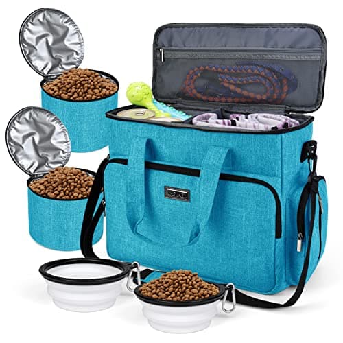 BAGLHER Dog Travel Bag, Pet Travel Bag With 2 Pet Food Containers and 2 Collapsible Silicone Bowls; Essential Kits for Pet Travel Sky Blue