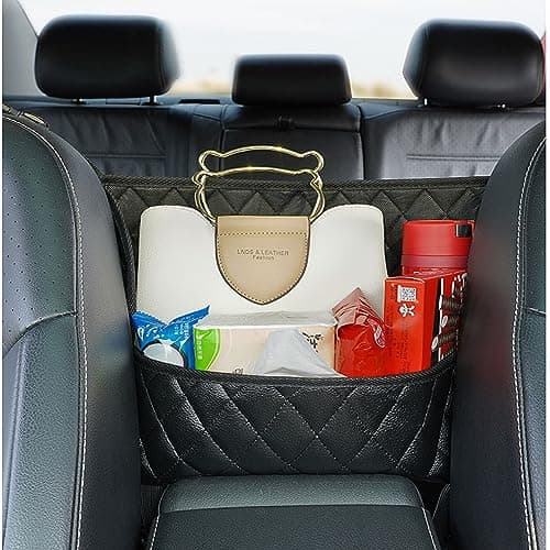 Ealingmoon Car Pocket Handbag Holder and Purse Hook for Car -Faux Leather Seat Back Organizer with Barrier for Backseat Pets and Kids, Between Two Seats Handbag Holder for a Clutter-free Car Interior — view 2