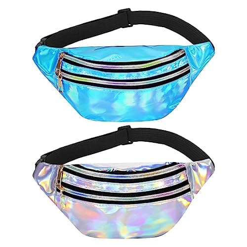 Firtink 2Pcs Shiny Bumbag,Holographic Waist BagFanny Double Zipper Belt Bag