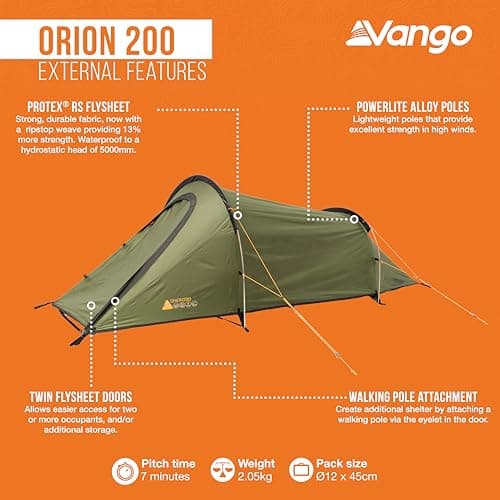 Vango Orion 200 2 Man Tunnel Tent, 5000mm HH with Alloy Poles, Lightweight, Camping, Climbing, Backpacking, Trekking — view 4