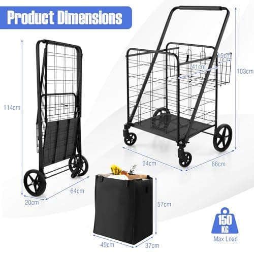 TANGZON Folding Shopping Cart on Wheels, 126L/150KG Capacity Metal Grocery Cart with Extra Basket, Removable Liner & Dense Mesh Base, Jumbo Portable Utility Push/Pull Trolley for Market (Black) — view 6