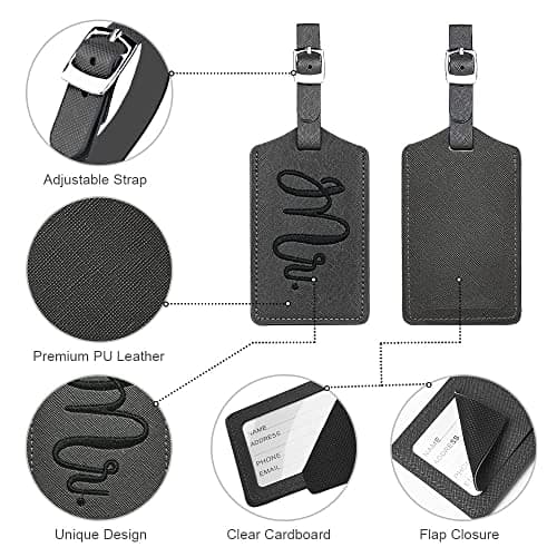 flintronic 2 Pcs Luggage Tags, Leather Baggage Labels, Suitcase ID Tag Set, Handbag Tag Labels Travel Accessories for Married Men Women Couples Wedding Travel Gift — view 3