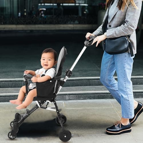 Easy Fold Travel Stroller for Airplane, Lightweight Black Baby Pram — view 6