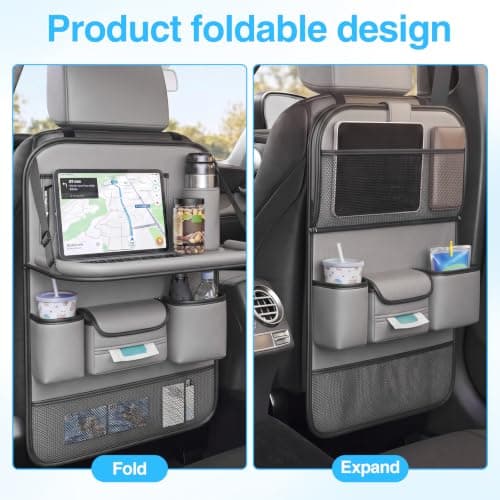 2 Pack Artificial Leather Car Backseat Organizer with Folding Tray- Grey — view 4