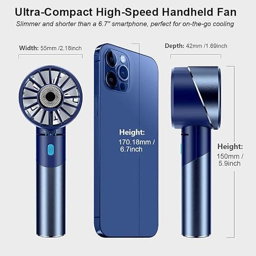 COZOME Handheld Fan, 7000RPM Turbo Portable Fan with 16H Battery, 4-Speed USB Rechargeable Mini Fan | Metal Alloy Pocket Fan, Travel Essentials for Outdoor, Travel, Office, Home | Summer Gift, Blue — view 2