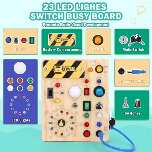 Montessori Busy Board for toddlers for 1 year old Activity Board Wooden Toy With 10 Switches and 23 LED Lights Sensory Board Motor Skills Toy for Babies and Children from 2 3 4 years Boys and Girls — view 2