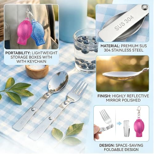 2 Pack Foldable Spoon and Fork Set, Portable 304 Stainless Steel Travel Utensils, Folding Sporks with Storage Case for Camping, Hiking, Outdoor Picnic, Backpacking — view 3