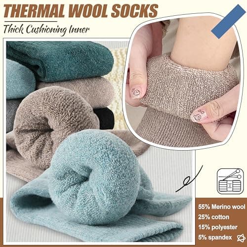 EBMORE Womens Merino Wool Socks Thermal Warm Winter Thick Cosy Boot Crew Cabin Ladies Work Soft Walking Hiking Socks 5 Pairs Gift Stocking Fillers(Khaki/Dark Green/Grey/Black) — view 5