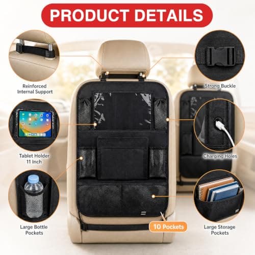Hounyou 2 Pcs Car Seat Organiser, 40x60cm Car Storage Organiser Back Seat, Road Trip Essentials, with Tablet Holder, for Storage Toys, Books, Drinks — view 4
