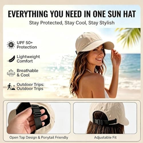 Trendy Wide Brim Sun Hat,UPF 50+ UV Protection Cap for Ponytails, Adjustable Packable Visor Cap for Hiking Golf (Beige) — view 4
