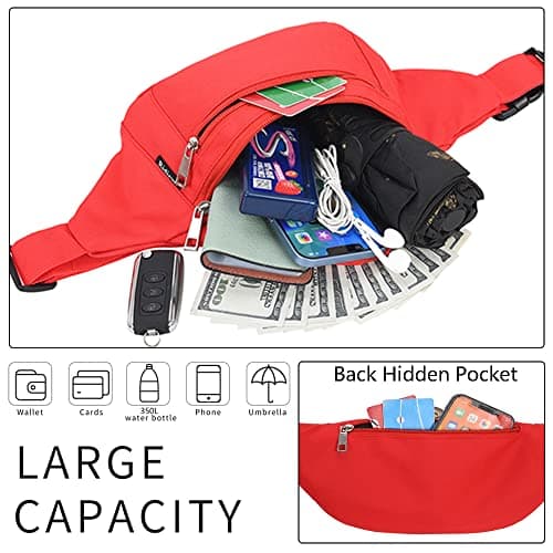 Bumbags Waist Fanny Packs for Men Women Fashion Bum Bag with Adjustable Belt for Sport Running Hiking Jogging Travel Cycling Walking Dog Boys Ladies (Red) — view 3