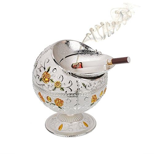 LAUYOO Windproof Ashtray with Lid for Cigarettes Metal Portable Cigar Ashtray Odor Eliminator for Indoor outdoor Hand Stamped Rose Pattern with Sparkle Fancy Gift for Men Women(Silver-Green Leaf) — view 2