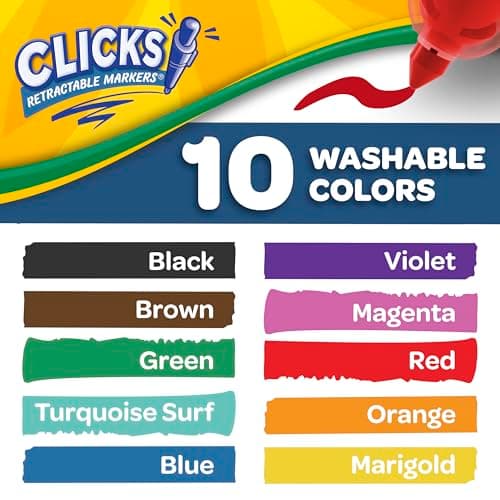 CRAYOLA Clicks Marker Pens - 10 Pack Retractable Washable Capless Marker Colouring Pens 2 in 1 Conical Tip for Thin and Thick Lines for School Home and Travel, Kids and Adults — view 2