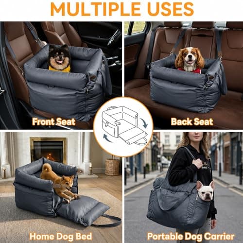 YJTJP Dog Car Seat, Waterproof Faux Leather 3-in-1 Travel Dog Bed for Medium Small Dogs (Up to 20kg), Portable Booster Seat with Metal Buckles, Washable Cover & Safety Leash (Smoky Blue) — view 2