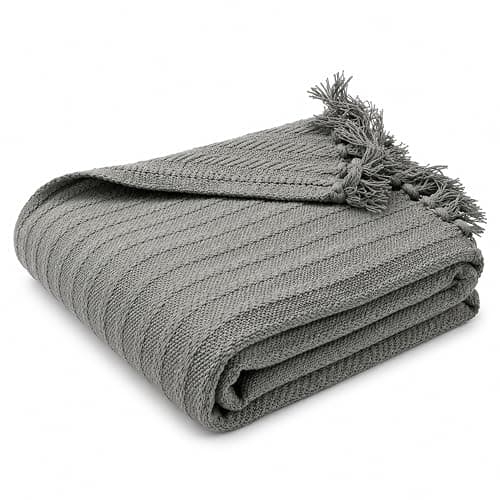 Olivia Rocco Cable Knit Throw Blanket 100% Cotton Soft Warm Knitted Throws for Sofas Couch Bed with Tassel Design 120 x 150 cm, Grey