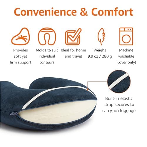 Amazon Basics Memory Foam Travel Neck Pillow with Removable Cover and Elastic Carrying Strap, Navy Blue, Semicircular — view 2