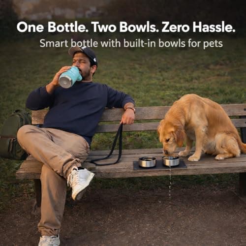 Xamba 3-in-1 Dog Travel Water Bottle 32oz (1000ml) – Stainless Steel Leak-Proof Pet Water Bottle with Detachable Food & Water Bowls for Walking, Hiking & Travel (Mint Green) — view 3