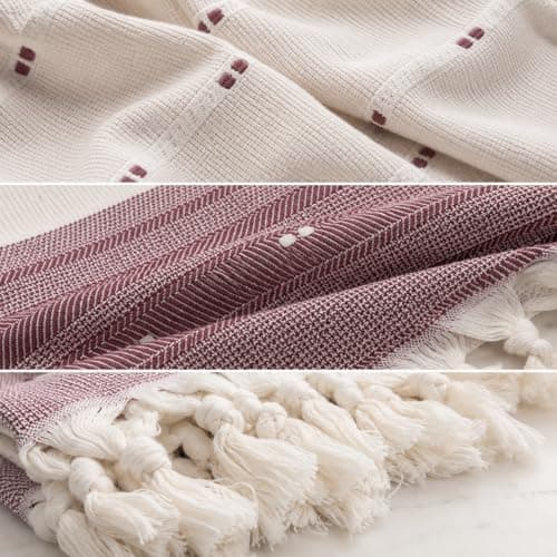 WEFLORIA Turkish Peshtemal Towel – 100% Cotton, Lightweight & Quick Dry Beach & Bath Towel, Large Hammam Towel with Tassels, Gift Box Packaging (Sage Green/Red & Cream) (Red&Beige) — view 6