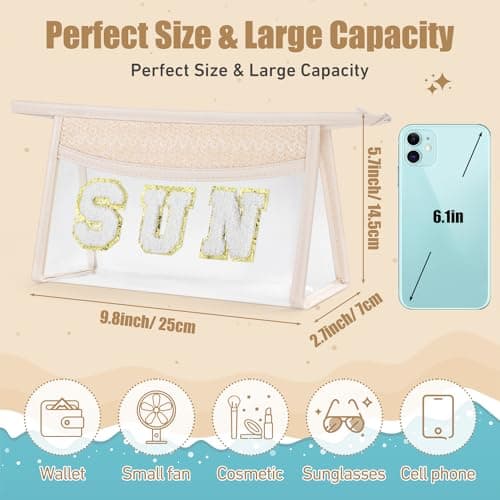 Etercycle Boho Patch Makeup Bag, Clear PVC Travel Toiletry Bag Waterproof Beach Bags for Women, Small Chenille Letter Bag with Zipper for Beach Travel Essentials (Sun) — view 2
