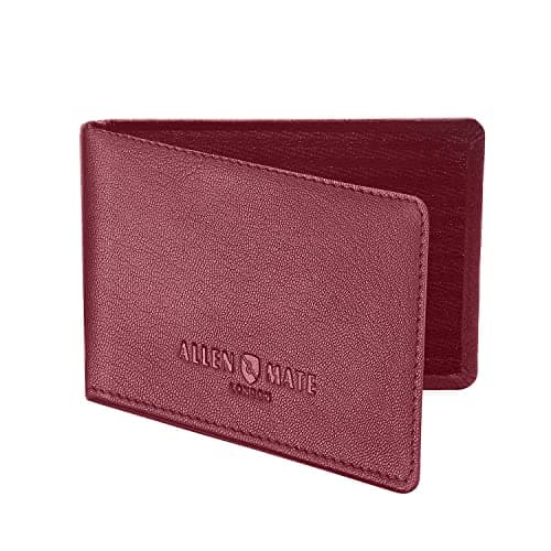 ALLEN & MATE 100% Leather Travel Card Holder - Slim Minimalist Wallet for Travel Bus Pass ID License Oyster Card for Men & Women (Maroon Premium)