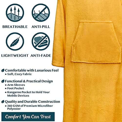 PAVILIA Fleece Blanket with Sleeves, Foot Pockets for Women Men Adults, Plush Wearable Blanket Throw Wrap, Warm Snuggle Blanket Robe, Cozy Gift Ideas Wife Mom, Mustard Yellow — view 4