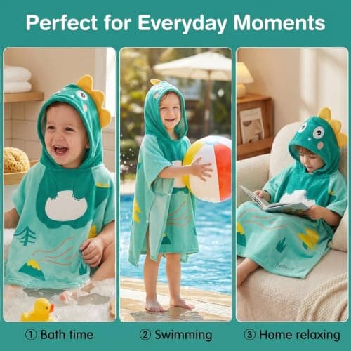 Bebamour Baby Hooded Towel, Wearable Bath Towel for Boys & Girls, Soft Absorbent Toddler Bathrobe Poncho with Hood, Quick Dry Baby Towel for Newborns & Children 0-6 Years, 60 x 65 cm, Dino — view 6