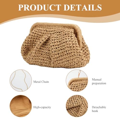Kighdel Women's Cloud Dumpling Khaki Straw Clutch Purse, 26cm (L) x 20cm (W) x 4cm (H), Hand-Woven Raffia Beach Bag, Unique Design, Breathable Material — view 5