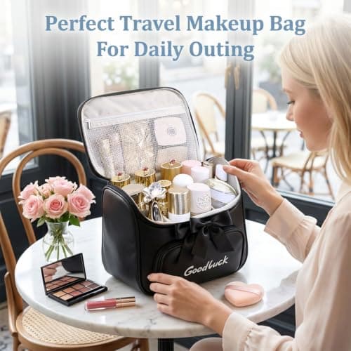 Large Makeup Bag Cosmetic Bags for Women, Make Up Travel Bag Organiser with Brush Compartments & Adjustable Dividers, Storage Case Portable PU Leather Vanity Cases Toiletry Bag - Black — view 4