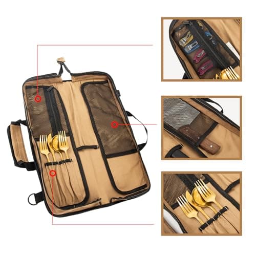 XITVVyg Chef Knife Case (12 Pockets), Heavy Duty Waxed Canvas Storage with Handle, Multi-Function Knife Tool Roll Bag for Home Kitchen Traveling (Khaki) — view 5