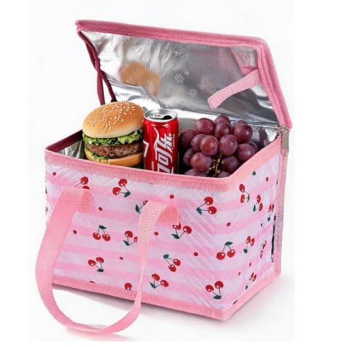 TEAMOOK Foldable Lunch Bag Insulated Lunch Box Water-Resistant Leakproof Soft Cooler Bag Pink Cherry 8-10 cans — view 4