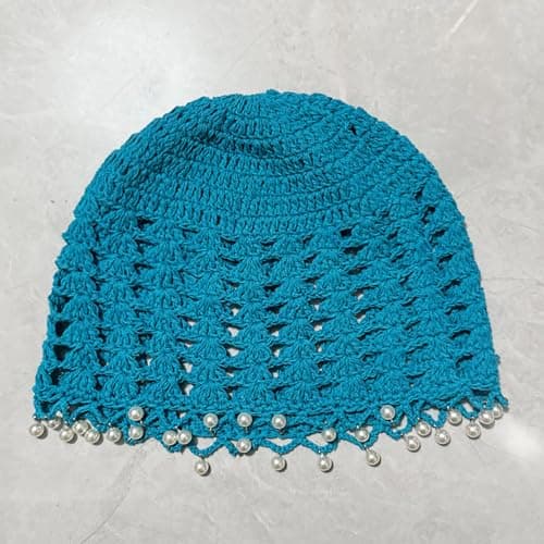 Julpsk Women's Lightweight Handmade Crochet Hat Boho Pearl Trim Beanie Cap for Beach Travel, Turquoise, One Size — view 3