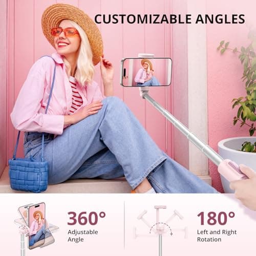 ATUMTEK 1.4m Selfie Stick Tripod, All-in-one Extendable Aluminum Phone Tripod with Rechargeable Bluetooth Remote for iPhone, Samsung, Google, LG, Sony and More, Fitting 4.7-7 inch Smartphones, Pink — view 4