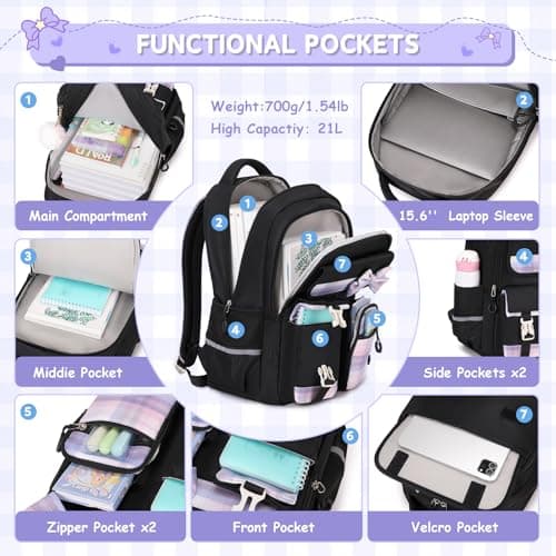 Girls Backpack, Kids Backpack for Girls School Bags with Pen Case, Bow Plaid Book Bag for Elementary Middle Primary High School College — view 4